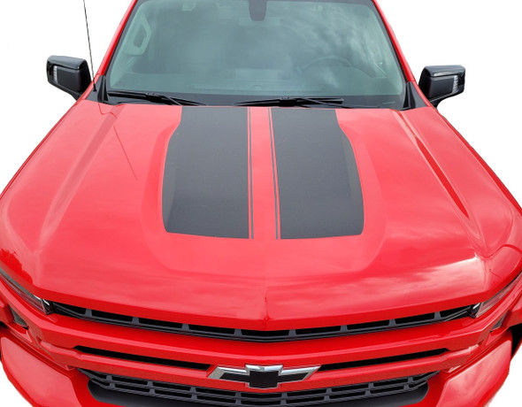Front close up of Red 2022 Chevy Silverado Rally Stripes BOW RALLY 2019-2026